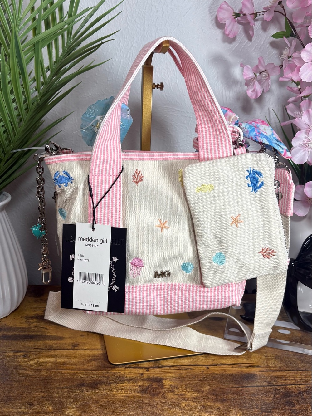 Madden Girl Pink and Cream Embroidered Beach theme Canvas Tote with Pouch